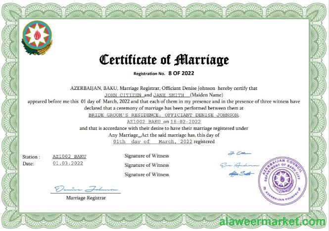 Azerbaijan marriage certificate Word and PDF template,